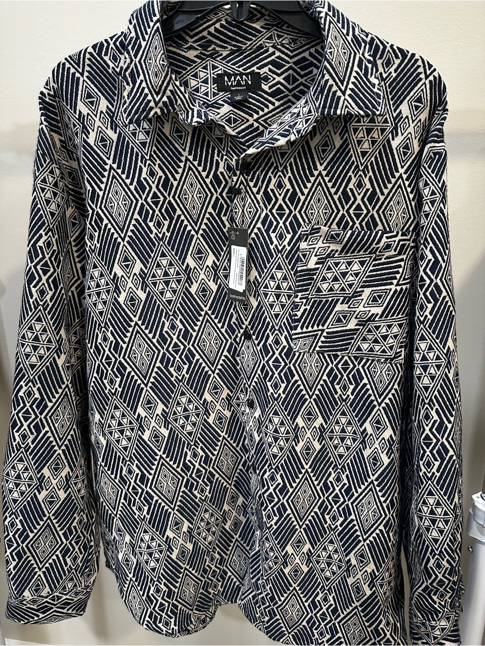 Black & Cream Geometric Long-Sleeve Over-Sized  Overshirt - NWT